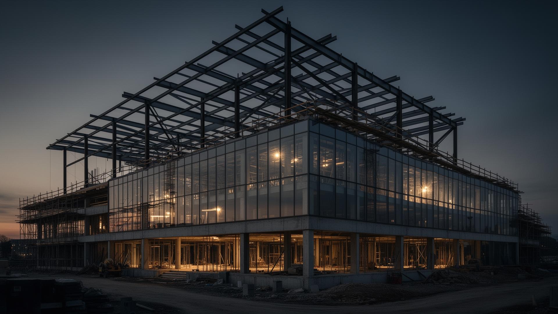 Modern commercial building under construction at dusk